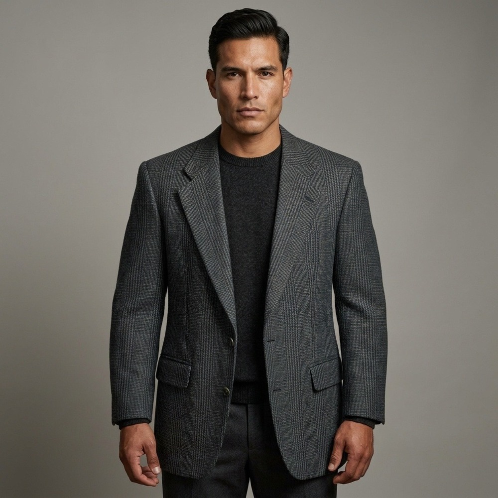 Burberrys Mens Vintage 100% Wool‎ Glen Plaid Blazer Gray Blue  Two Button 39R